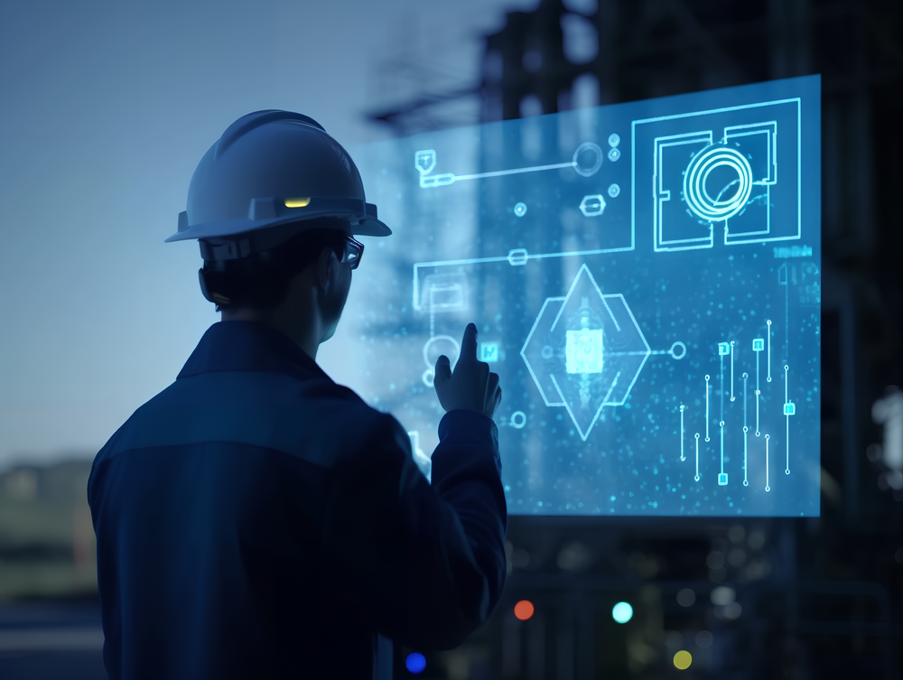 虚拟界面中的指尖革新 工人与蓝色科技粒子的数字互动